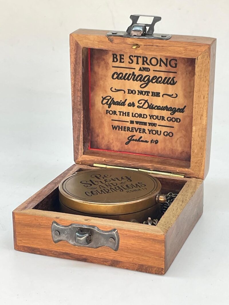 Antique Brass Pocket Sundial Compass with Engraved Quote Be Strong and Courageous - Image 5