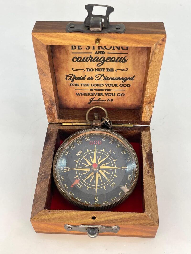 Antique Brass Pocket Sundial Compass with Engraved Quote Be Strong and Courageous - Image 2