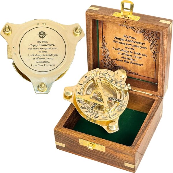 Antique Pocket Sundial Nautical Compass, Unique Gifts for Men, 3” Brass Sundial