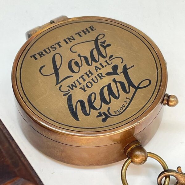Brass Compass Engraved “Trust in The Loard” Wth a Wooden Box