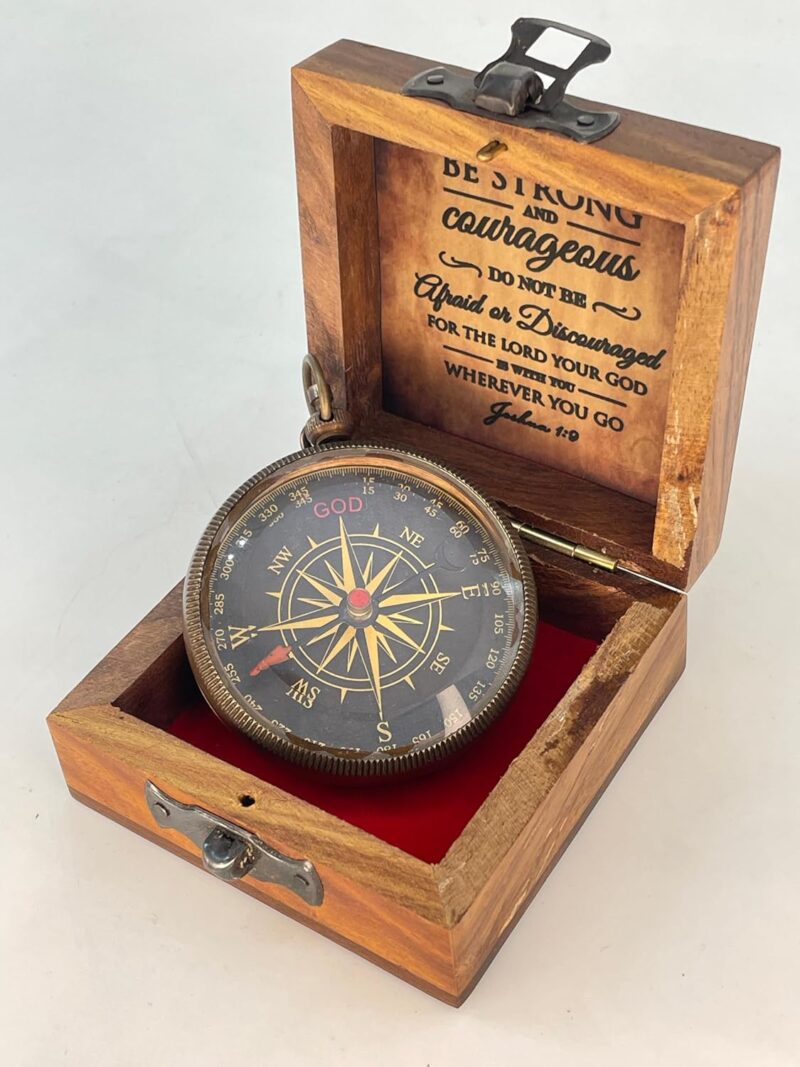 Antique Brass Pocket Sundial Compass with Engraved Quote Be Strong and Courageous - Image 7