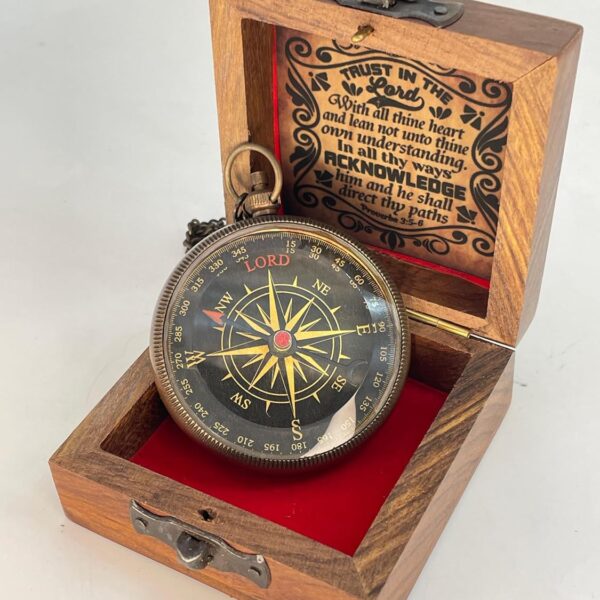 Brass Locket Compass Engraved “Trust in The Loard” With a Wooden Box