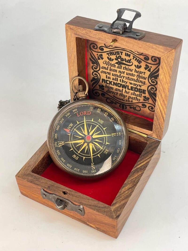 Brass Locket Compass Engraved “Trust in The Loard” With a Wooden Box