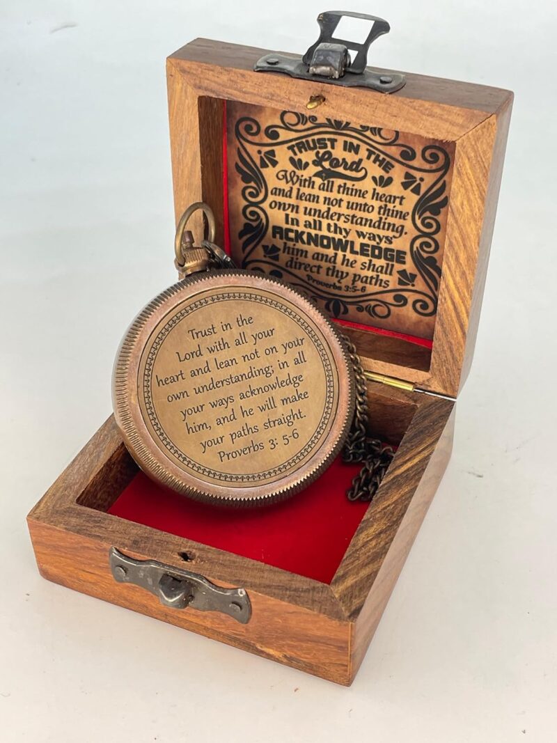 Brass Locket Compass Engraved “Trust in The Loard” With a Wooden Box - Image 5