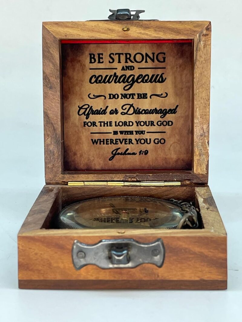 Antique Brass Pocket Sundial Compass with Engraved Quote Be Strong and Courageous - Image 5