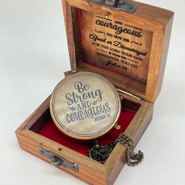 Antique Brass Pocket Sundial Compass with Engraved Quote Be Strong and Courageous