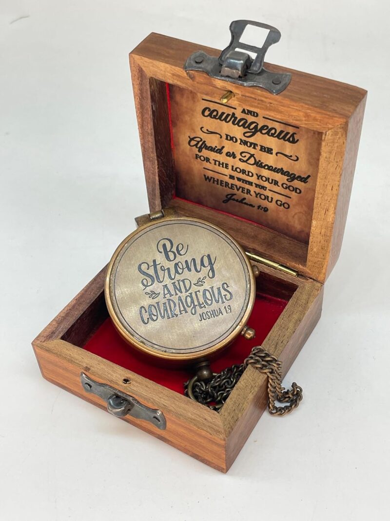 Antique Brass Pocket Sundial Compass with Engraved Quote Be Strong and Courageous