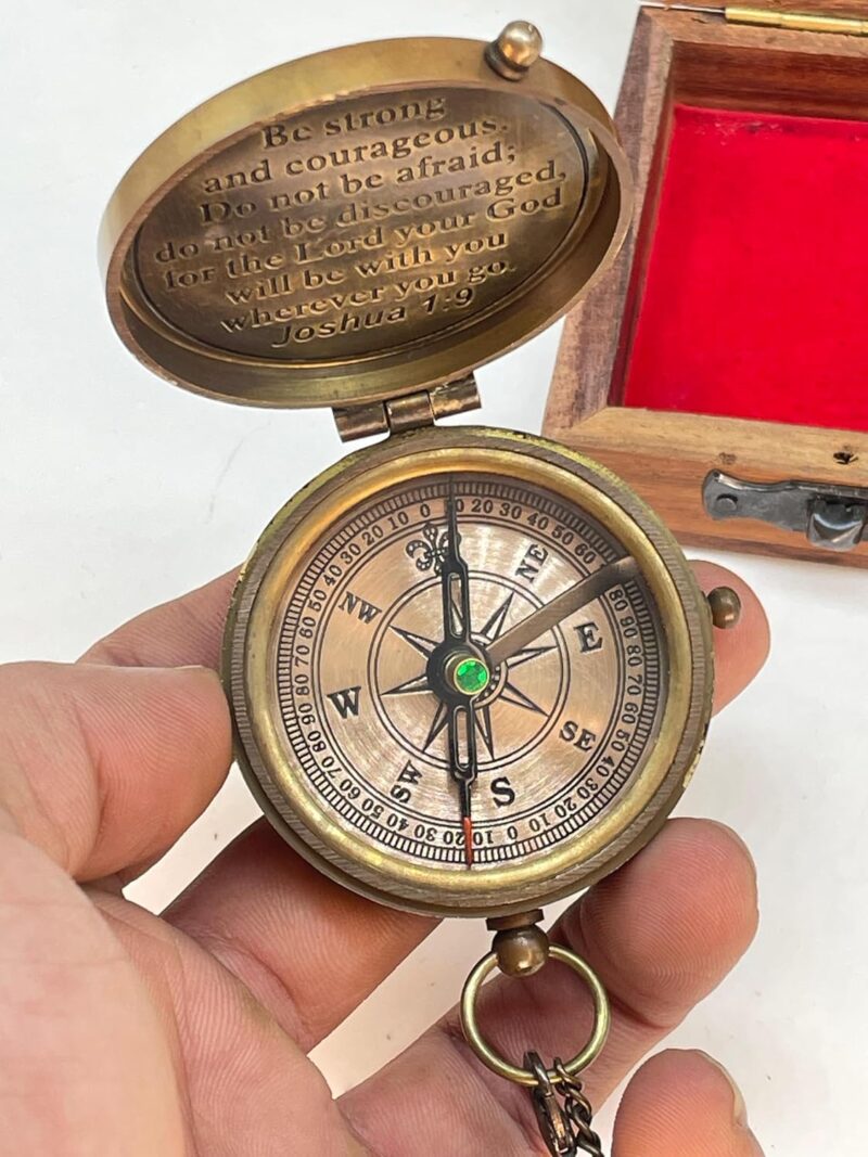 Antique Brass Pocket Sundial Compass with Engraved Quote Be Strong and Courageous - Image 7