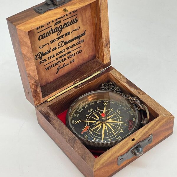 Antique Brass Pocket Sundial Compass with Engraved Quote Be Strong and Courageous