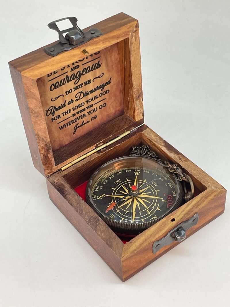 Antique Brass Pocket Sundial Compass with Engraved Quote Be Strong and Courageous
