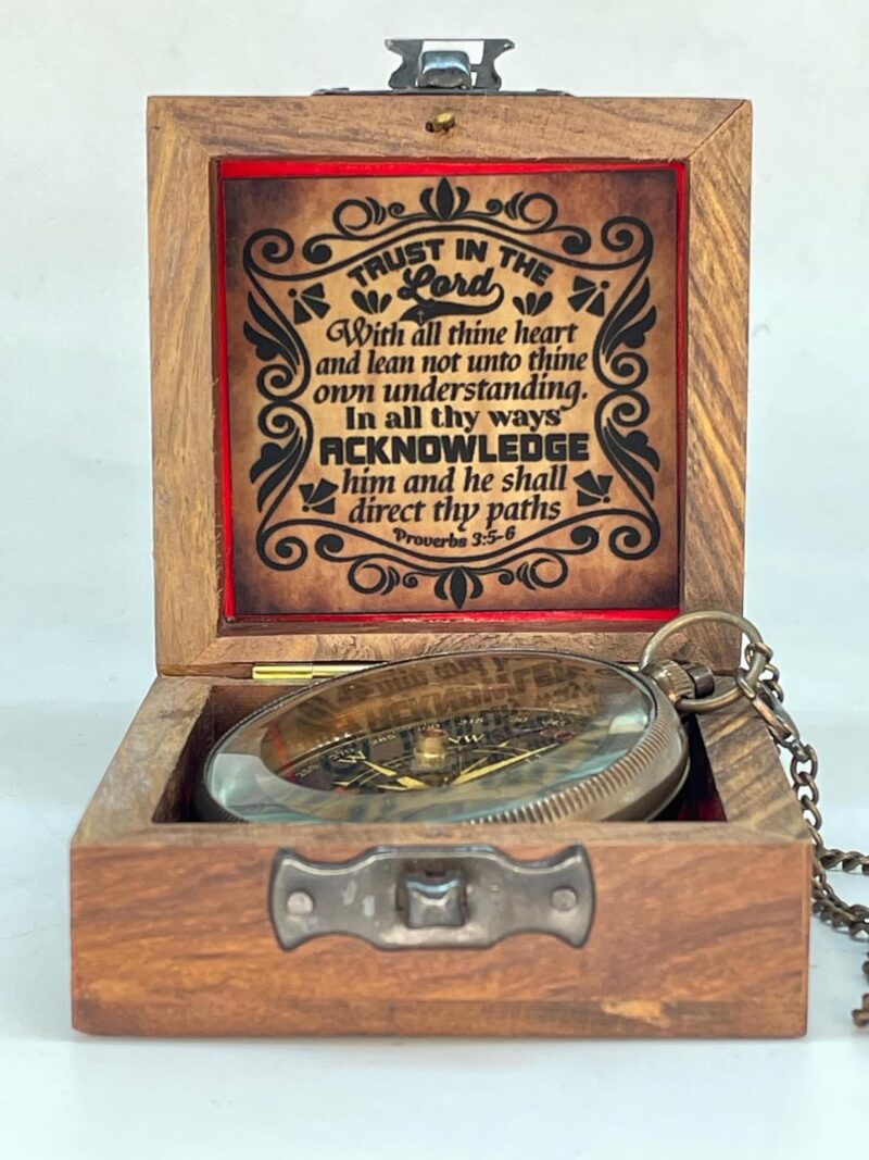 Brass Locket Compass Engraved “Trust in The Loard” With a Wooden Box - Image 3