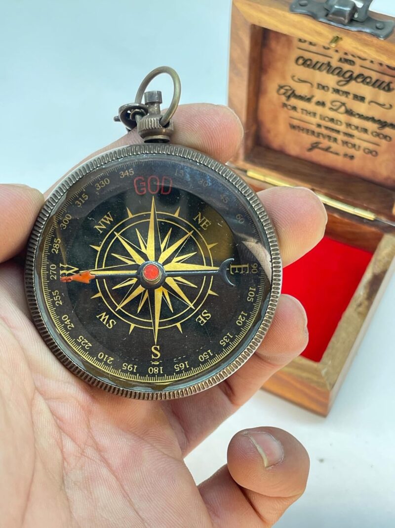 Antique Brass Pocket Sundial Compass with Engraved Quote Be Strong and Courageous - Image 6