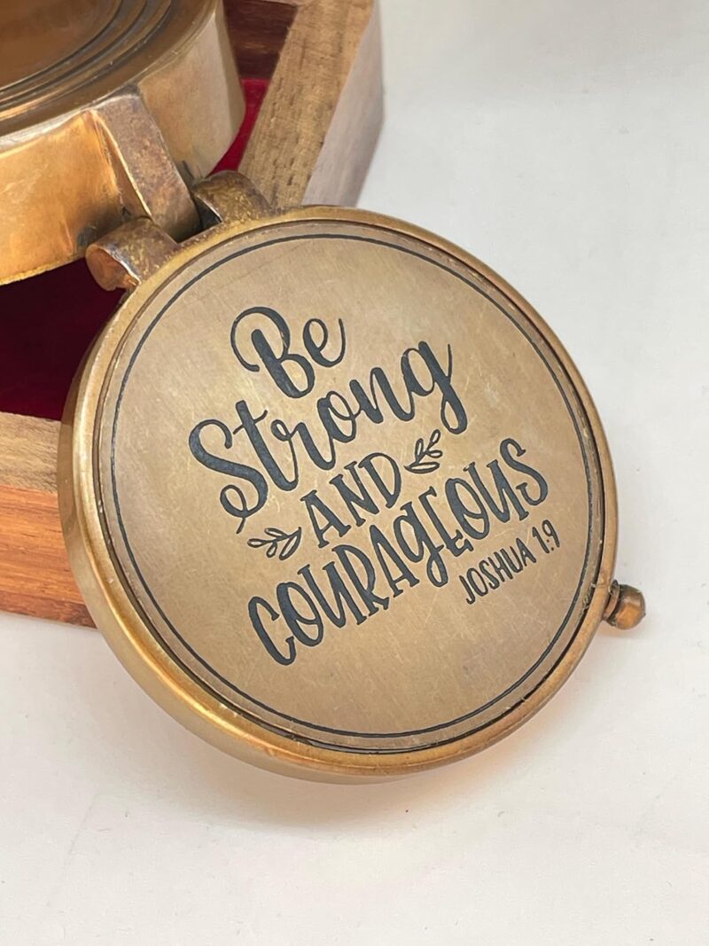 Antique Brass Pocket Sundial Compass with Engraved Quote Be Strong and Courageous - Image 6