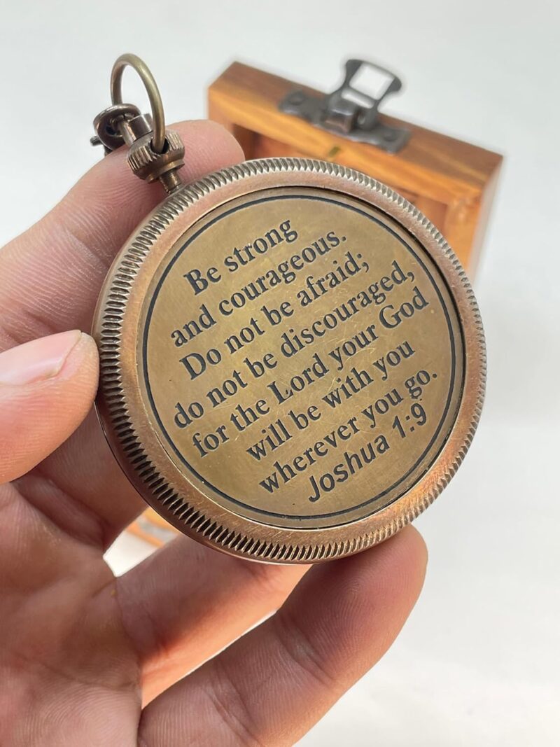 Antique Brass Pocket Sundial Compass with Engraved Quote Be Strong and Courageous - Image 4