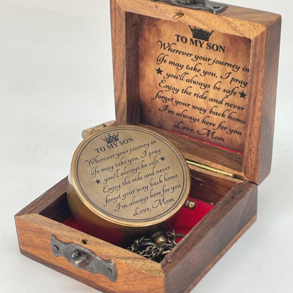 Brass Compass Engraved "To My Son Love Mom" With Wooden Box