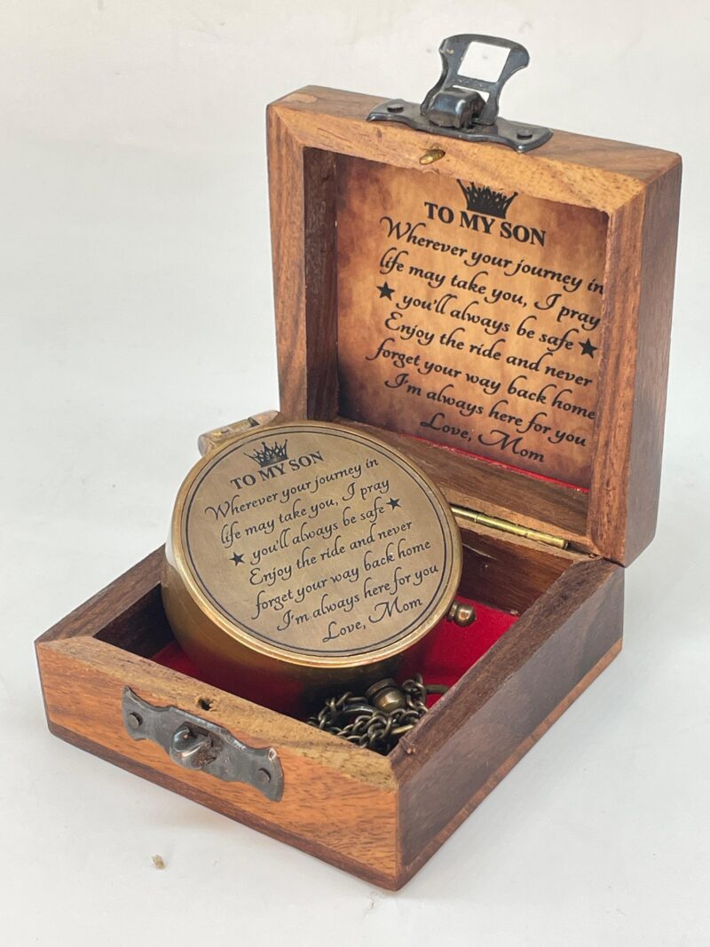 Brass Compass Engraved "To My Son Love Mom" With Wooden Box