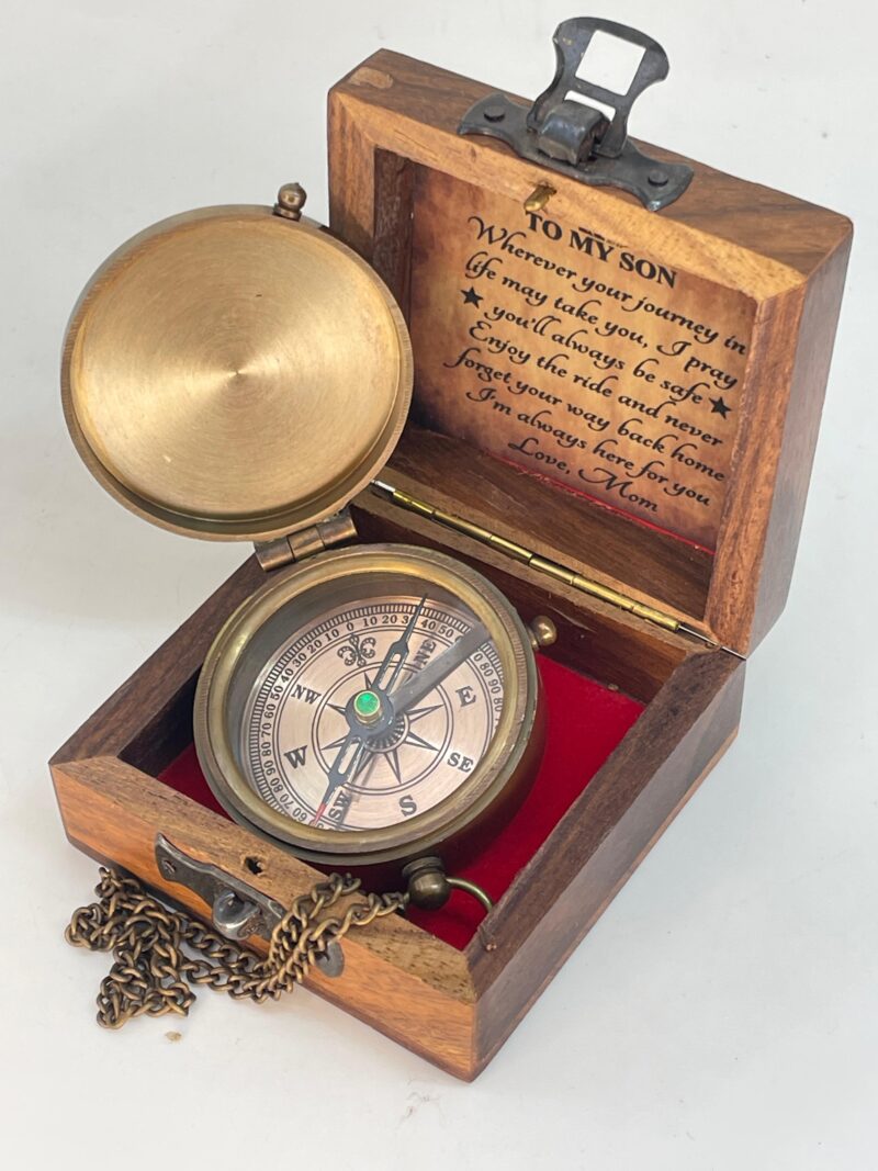 Brass Compass Engraved "To My Son Love Mom" With Wooden Box - Image 7
