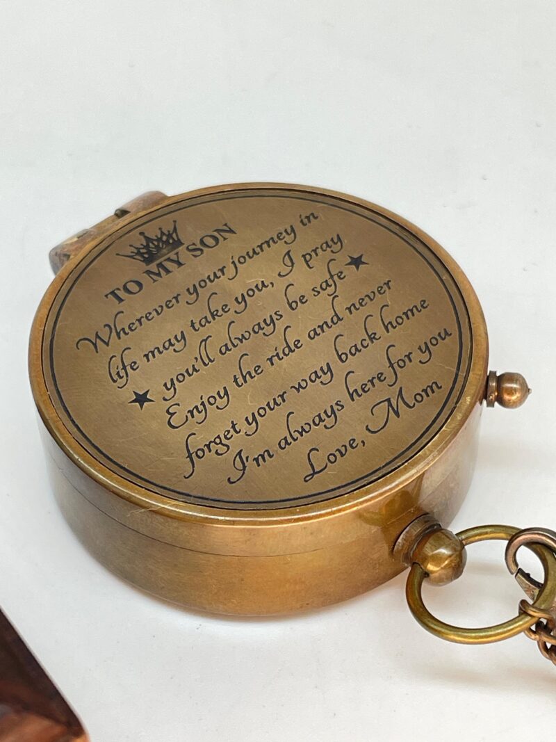 Brass Compass Engraved "To My Son Love Mom" With Wooden Box - Image 5