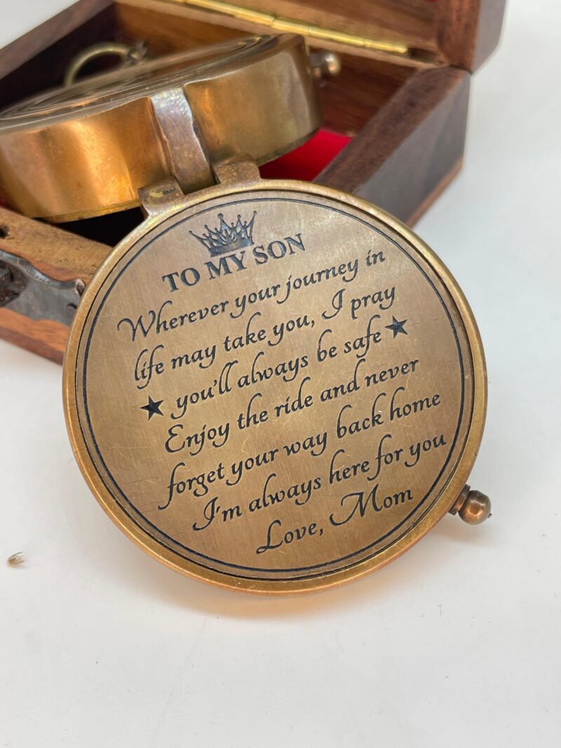 Brass Compass Engraved "To My Son Love Mom" With Wooden Box - Image 4