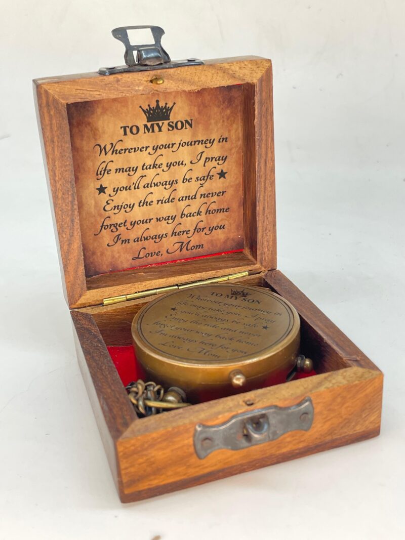 Brass Compass Engraved "To My Son Love Mom" With Wooden Box - Image 3