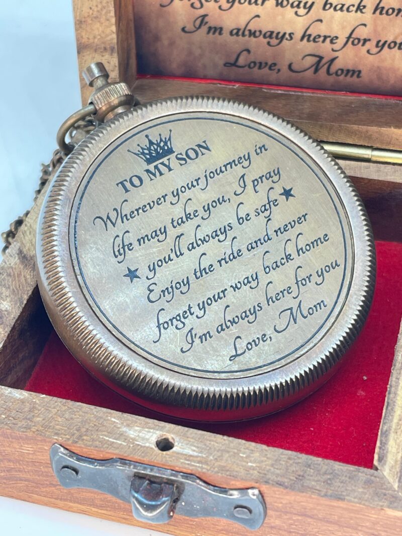 Brass Compass Engraved "To My Son Love Mom" With Wooden Box - Image 2