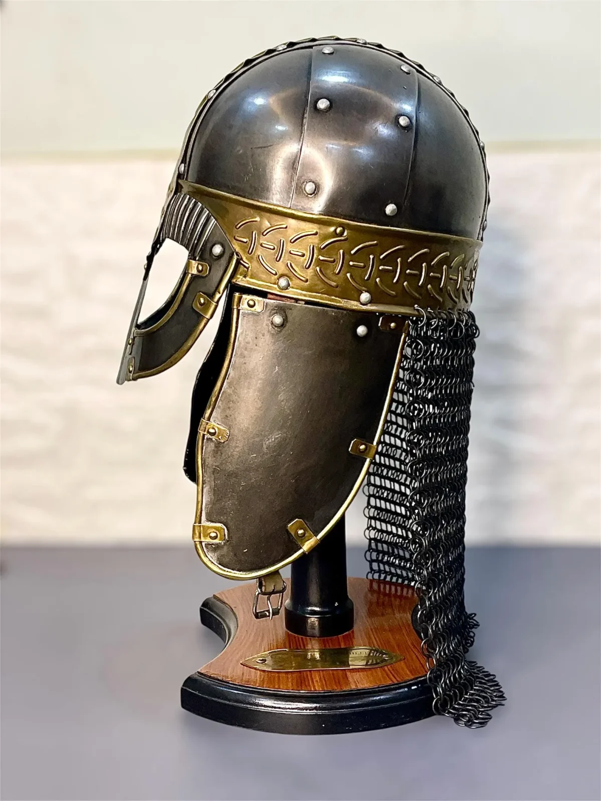Helmet With Chainmail & Wooden Stand